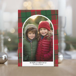 Photo modern arch Merry Christmas red green plaid Holiday Card<br><div class="desc">A modern Merry Christmas photo card in shades of red and green. The photo is a mod arch with a white border. The modern design includes stripes and classic type for the main part of the text. The back design includes a Christmas plaid pattern in cheery red and green for...</div>
