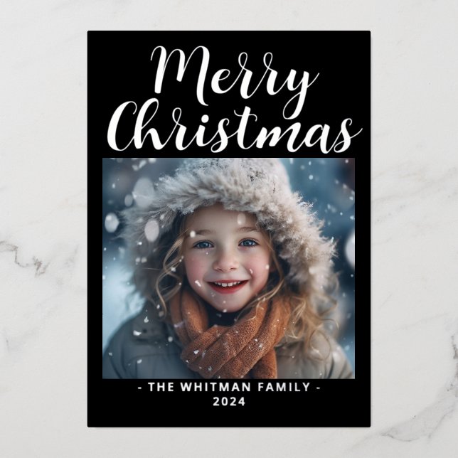 Photo Modern Black Merry Christmas Foil Holiday Card (Front)