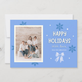 Photo modern blue bow simple elegant family simple holiday card