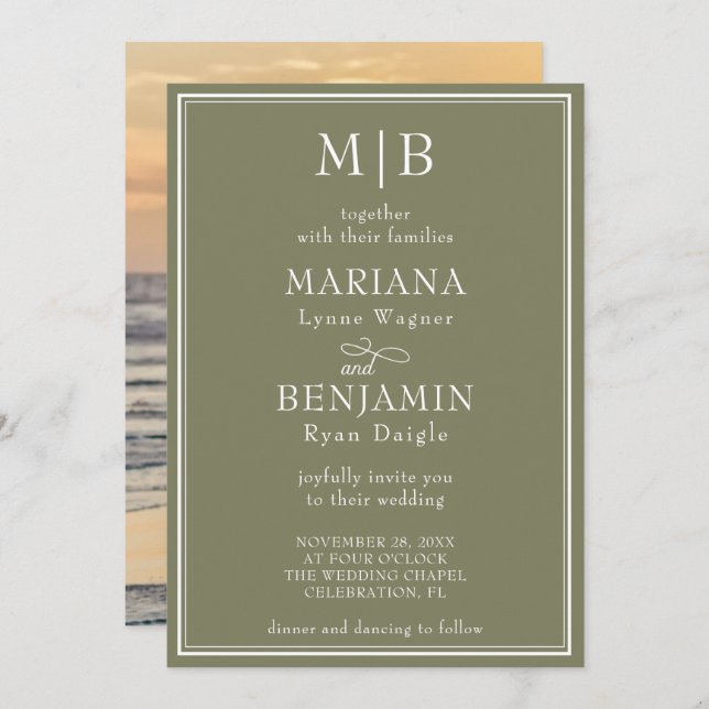 Photo Modern Border Minimalist Boho Green Wedding Invitation (Front/Back)