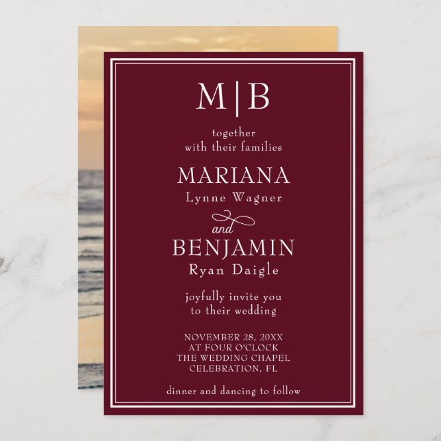 Photo Modern Border Minimalist Burgundy Wedding Invitation (Front/Back)