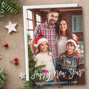 Photo Modern Brush Script Happy New Year Holiday Card
