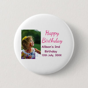 Photo modern classic add name date happy birthday 6 cm round badge