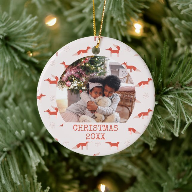 Photo Modern Fox Pattern Christmas Ceramic Ornament (Tree)