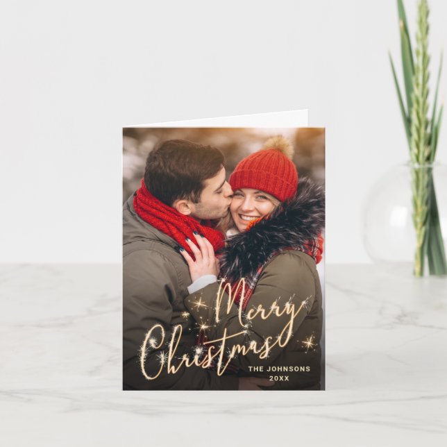 PHOTO Modern Golden Christmas Greeting Holiday Card (Front)