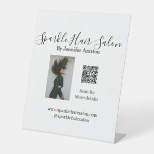 Photo modern hair salon small business QR code Pedestal Sign