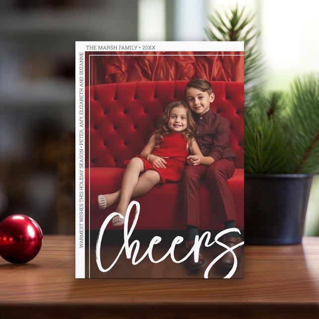 Photo Modern Minimal Border Cheers Retro Arch Back Holiday Card (Modern Christmas Card with Photos)
