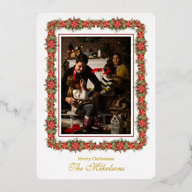 Photo Modern minimal foliage script Christmas Foil Holiday Card (Front)