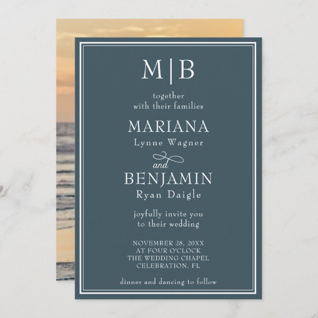 Photo Modern Minimalist Boho Blue Wedding Invitation (Front/Back)