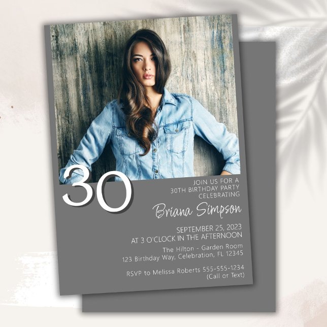 Photo Modern Minimalist Grey 30th Birthday Invitation (Creator Uploaded)