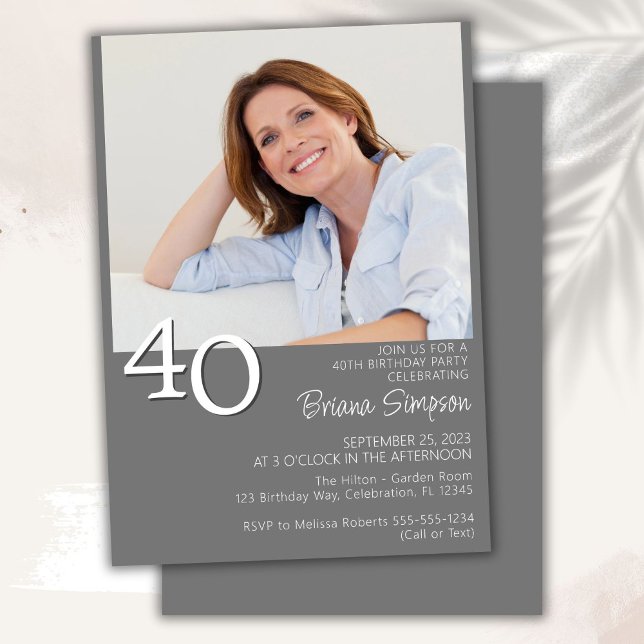 Photo Modern Minimalist Grey 40th Birthday Invitation (Creator Uploaded)