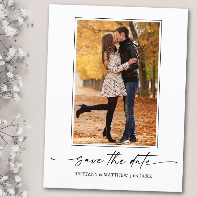 Photo Modern Minimalist Ink Script Save The Date Postcard (Customize to change your personalized text size or text style.)