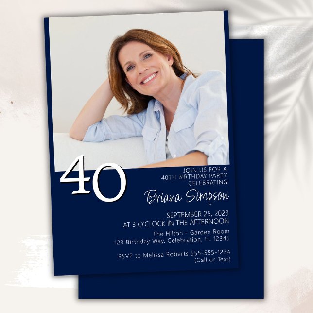 Photo Modern Minimalist Navy Blue 40th Birthday Invitation (Creator Uploaded)