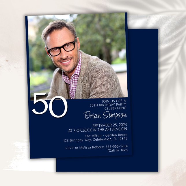 Photo Modern Minimalist Navy Blue 50th Birthday Invitation (Creator Uploaded)