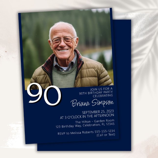 Photo Modern Minimalist Navy Blue 90th Birthday Invitation (Creator Uploaded)