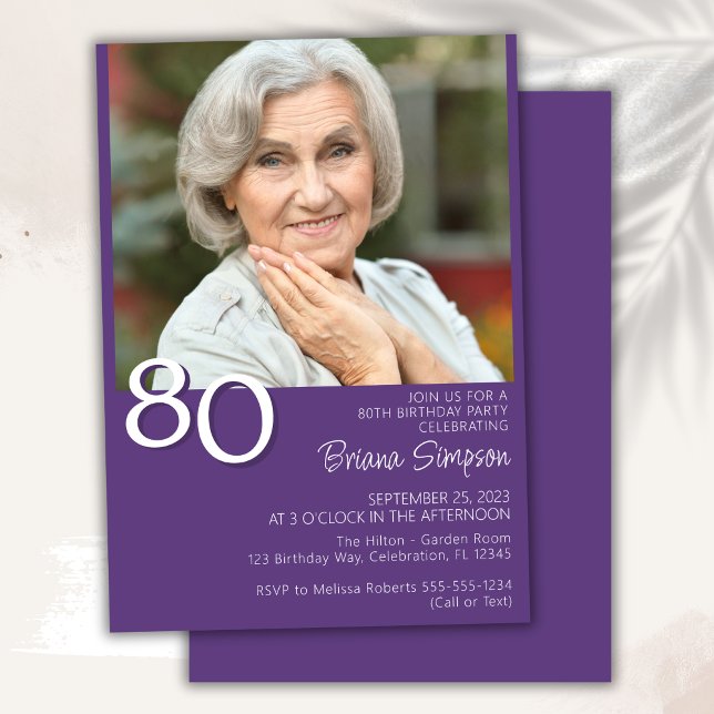 Photo Modern Minimalist Purple 80th Birthday Invitation (Creator Uploaded)