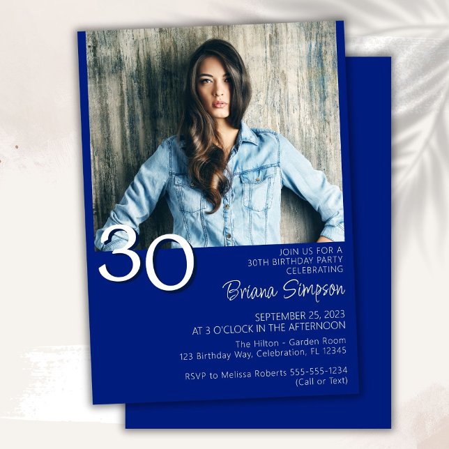Photo Modern Minimalist Royal Blue 30th Birthday Invitation (Creator Uploaded)
