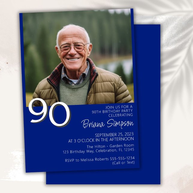 Photo Modern Minimalist Royal Blue 90th Birthday Invitation (Creator Uploaded)