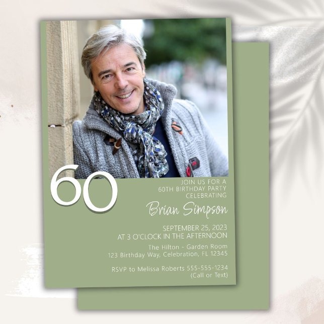Photo Modern Minimalist Sage Green 60th Birthday Invitation (Creator Uploaded)