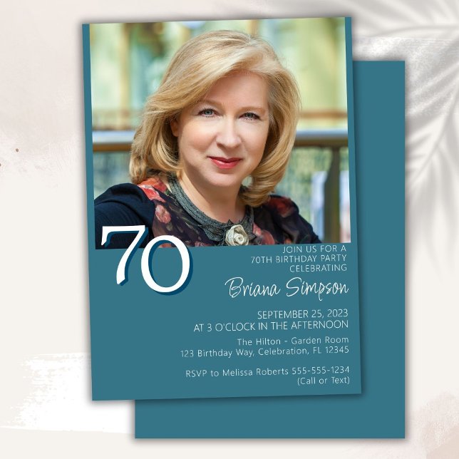 Photo Modern Minimalist Teal 70th Birthday Invitation (Creator Uploaded)