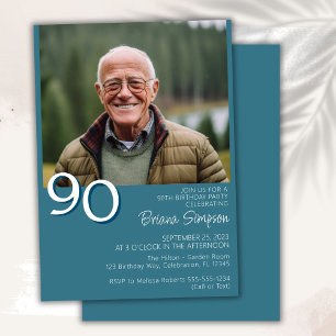 Photo Modern Minimalist Teal 90th Birthday Invitation