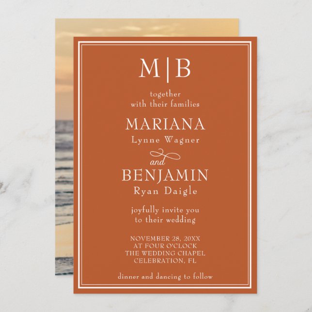 Photo Modern Minimalist Terracotta Wedding Invitation (Front/Back)