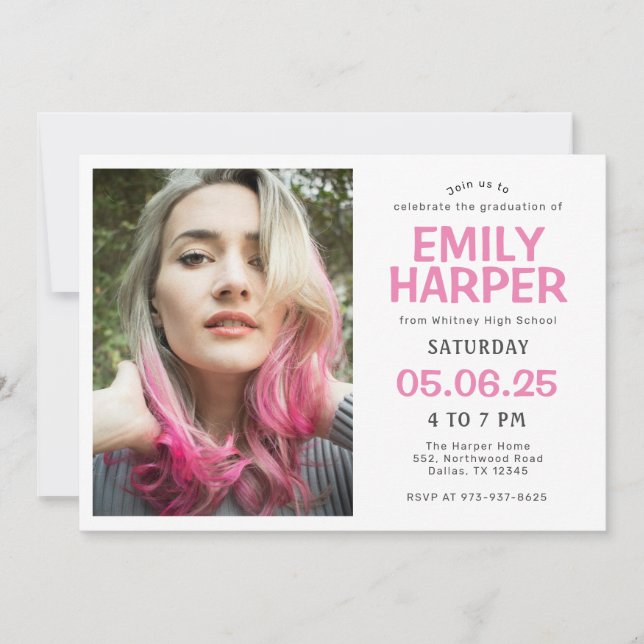 Photo Modern Pink Typography Graduation Invitation (Front)