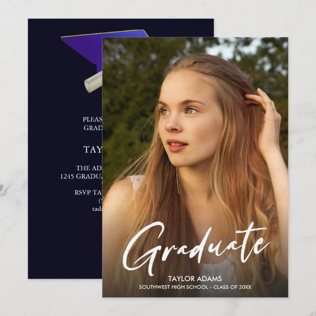Photo Modern Script Blue Cap Party Graduation  Invitation (Front/Back)