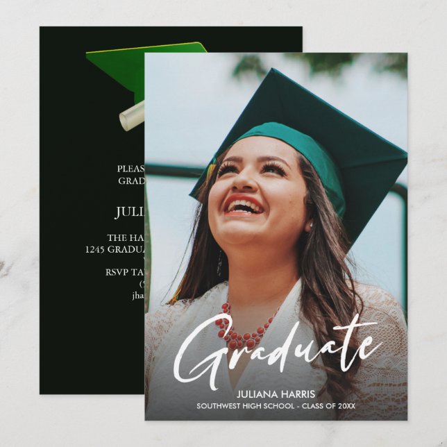 Photo Modern Script Green Cap Party Graduation  Invitation (Front/Back)