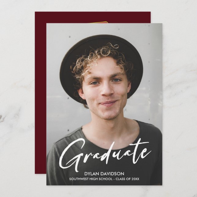 Photo Modern Script Red Cap Party Graduation  Invitation (Front/Back)