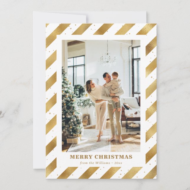 Photo Modern White Gold Merry Christmas Card (Front)