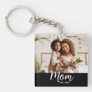 Photo Mom Established Date White Script on Black Key Ring