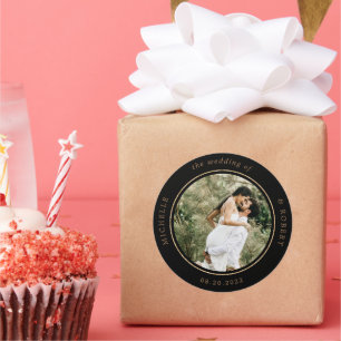 photo monogram elegant wedding classic round stick sticker