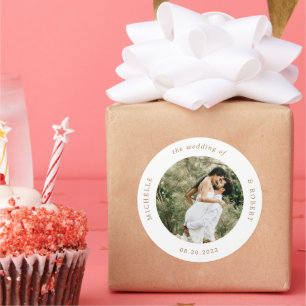 photo monogram elegant wedding classic round stick sticker