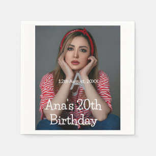 Photo monogram happy 20th birthday grey white  napkin