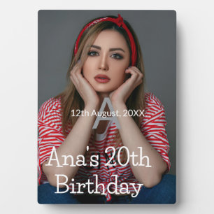 Photo monogram happy 20th birthday grey white  plaque