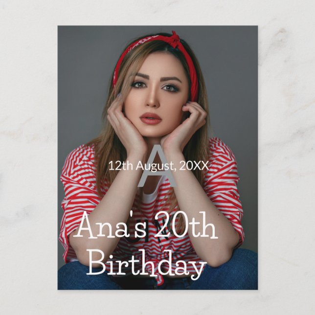 Photo monogram happy 20th birthday grey white  postcard (Front)