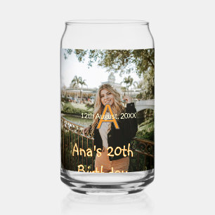 Photo monogram happy 20th birthday orange grey can glass