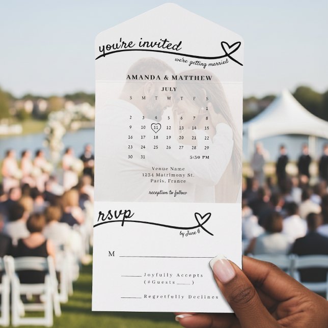 Photo Monogram Heart Line White Calendar Wedding  All In One Invitation (Photo Monogram Heart Line White Calendar Wedding All In One Invitation
)