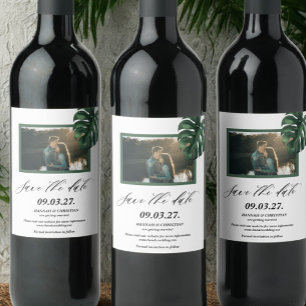 Photo Monstera Tropical Palm Leaf  Save the date Wine Label