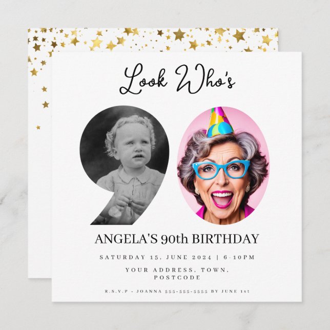 photo Montage Birthday party 90 years old Invitation (Front/Back)