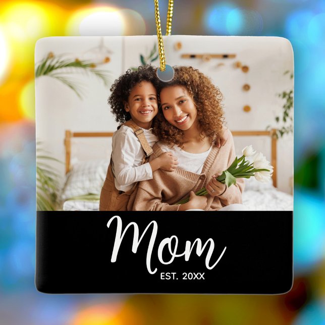 Photo Mum Established Date White Script on Black Ceramic Ornament (Creator Uploaded)