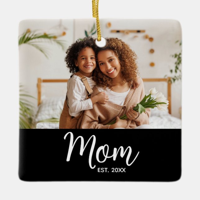 Photo Mum Established Date White Script on Black Ceramic Ornament (Front)