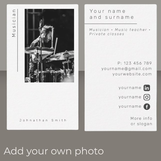 Photo musician black white modern Business Card (Creator Uploaded)