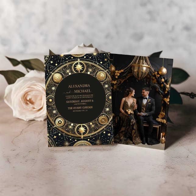 Photo Mystical Black Gold Celestial Galaxy Wedding Invitation (Creator Uploaded)