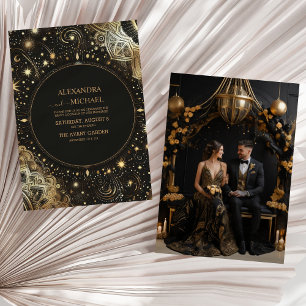 Photo Mystical Black Gold Celestial Galaxy Wedding Invitation