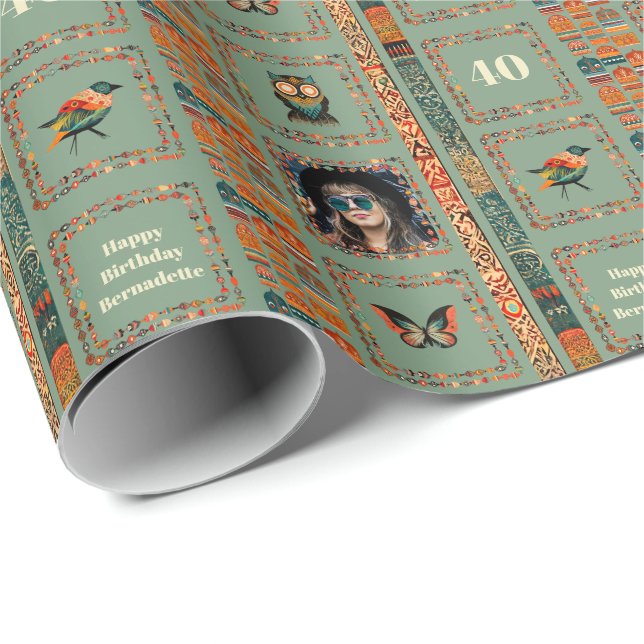 Photo Name Age Ethnic Bohemian Dark Green Birthday Wrapping Paper (Roll Corner)