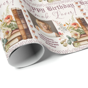 Photo Name Age Text Book Lover Watercolor Style Wrapping Paper