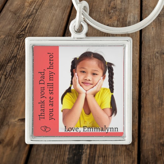 Photo, name and text in black on red key ring (Creator Uploaded)