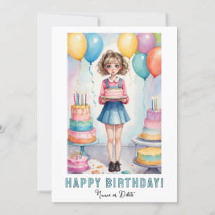 *PHOTO NAME Birthday Card Girl Cake